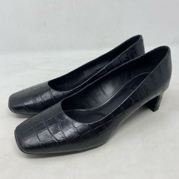 GEOX Respira Italy Black Leather Croc Embossed Square Toe Heels Size 8 - Picture 1 of 8